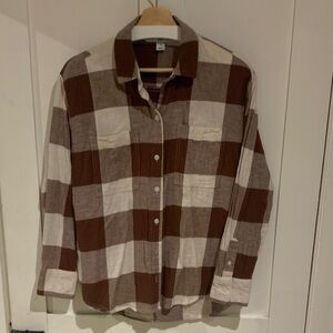 Old Navy Men's Brown and White Plaid Shirt